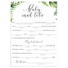 Baby Shower MadLibs advice card printable with green leaves | Instant ...