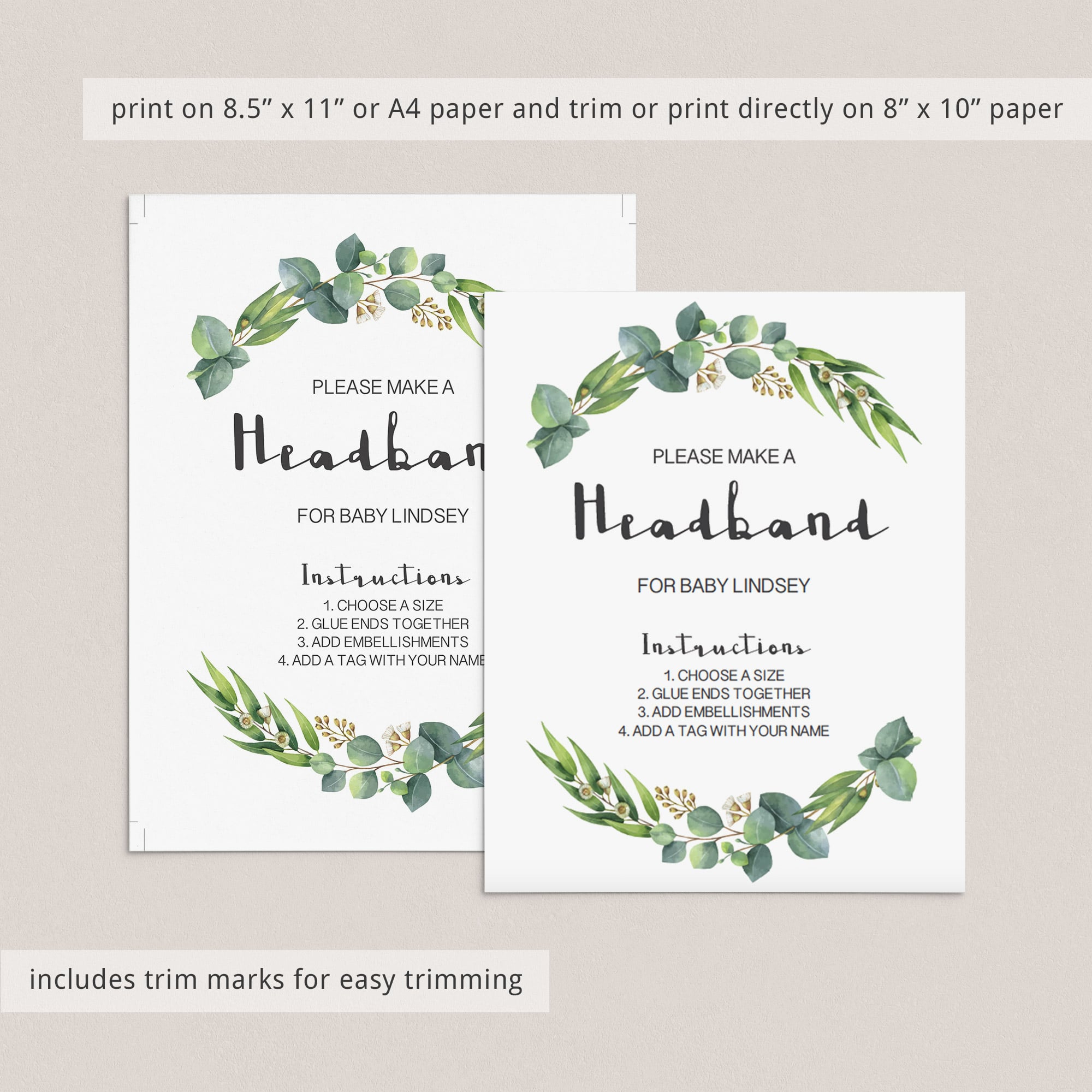 Headband station table sign printable greenery themed shower by LittleSizzle