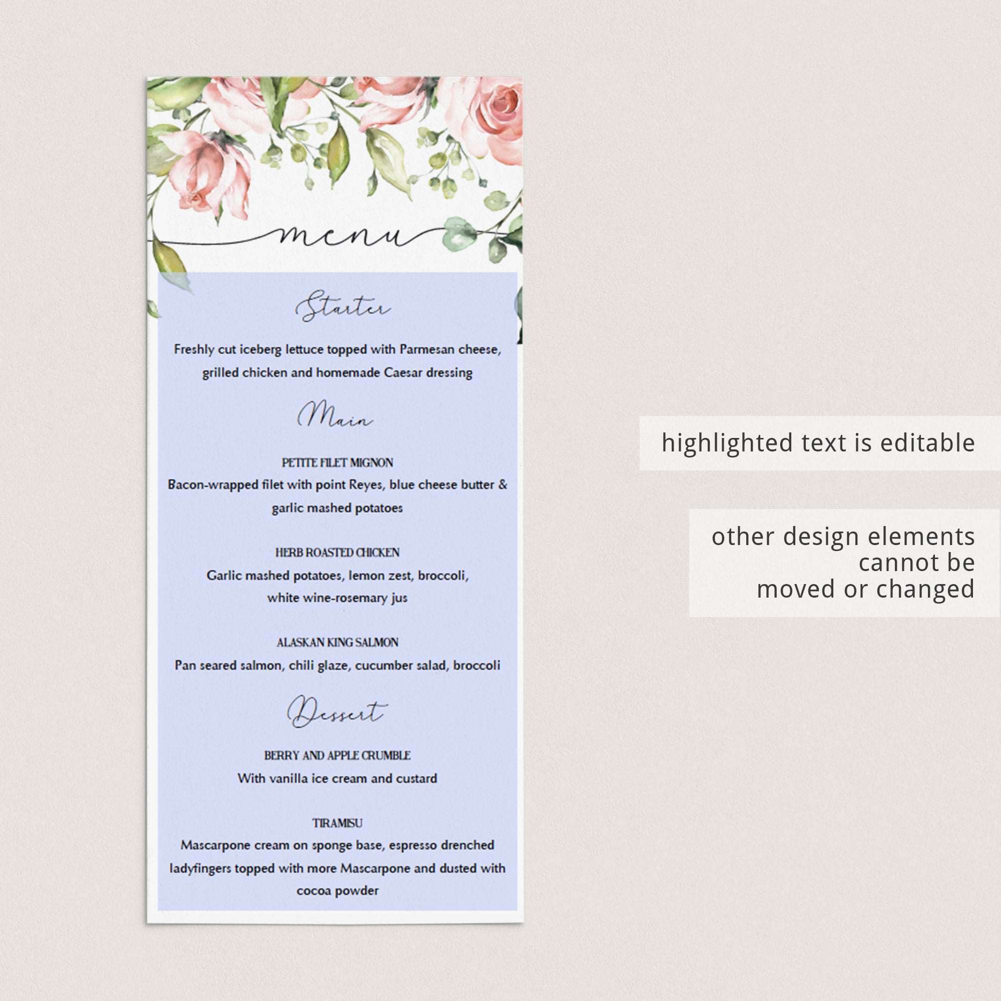 Editable menu card for floral themed party by LittleSizzle