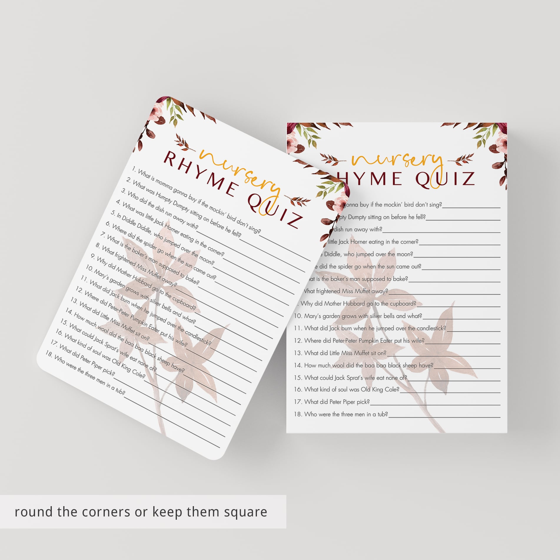 Fall baby shower nursery rhyme quiz printable by LittleSizzle
