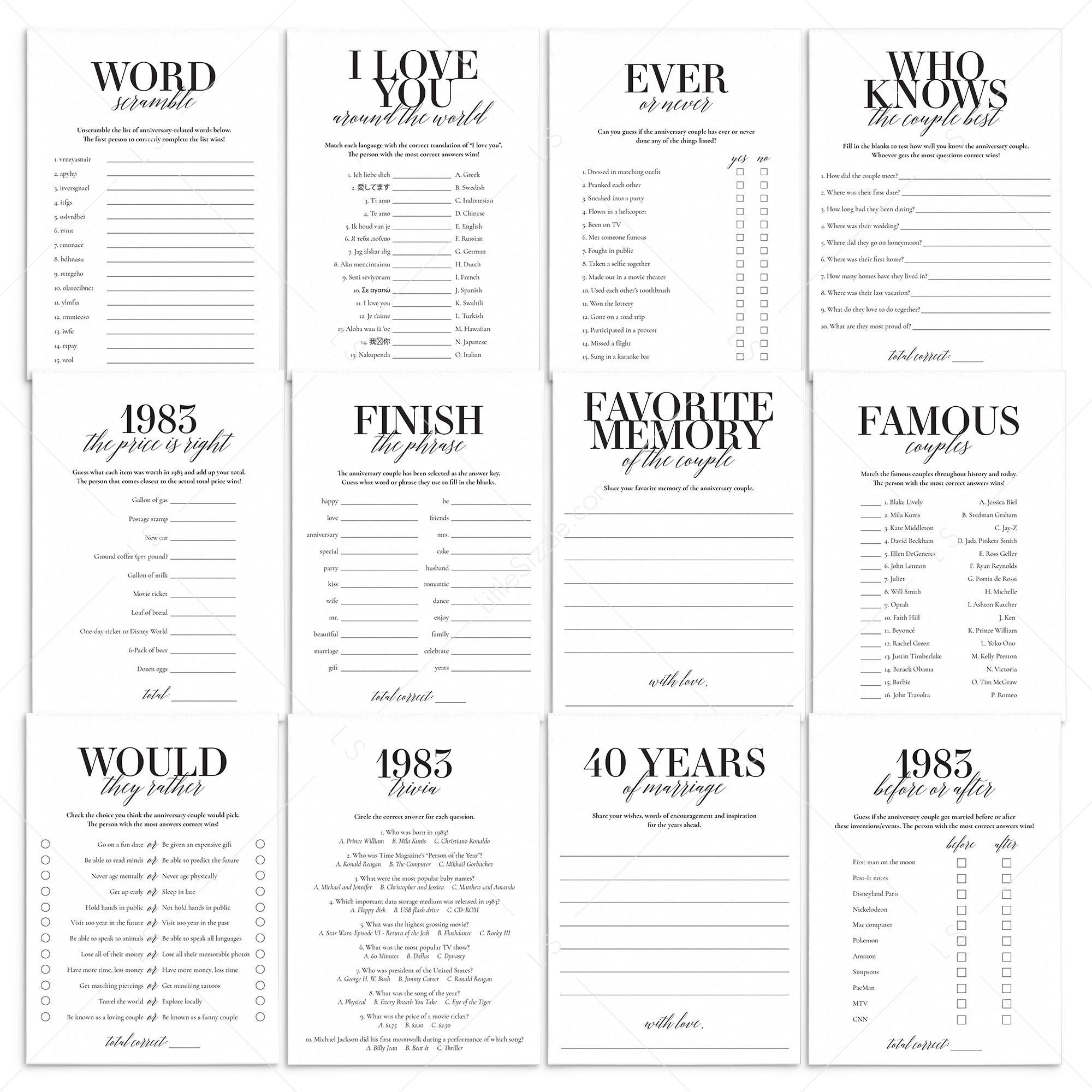 Married in 1983 40th Wedding Anniversary Party Games Bundle by LittleSizzle