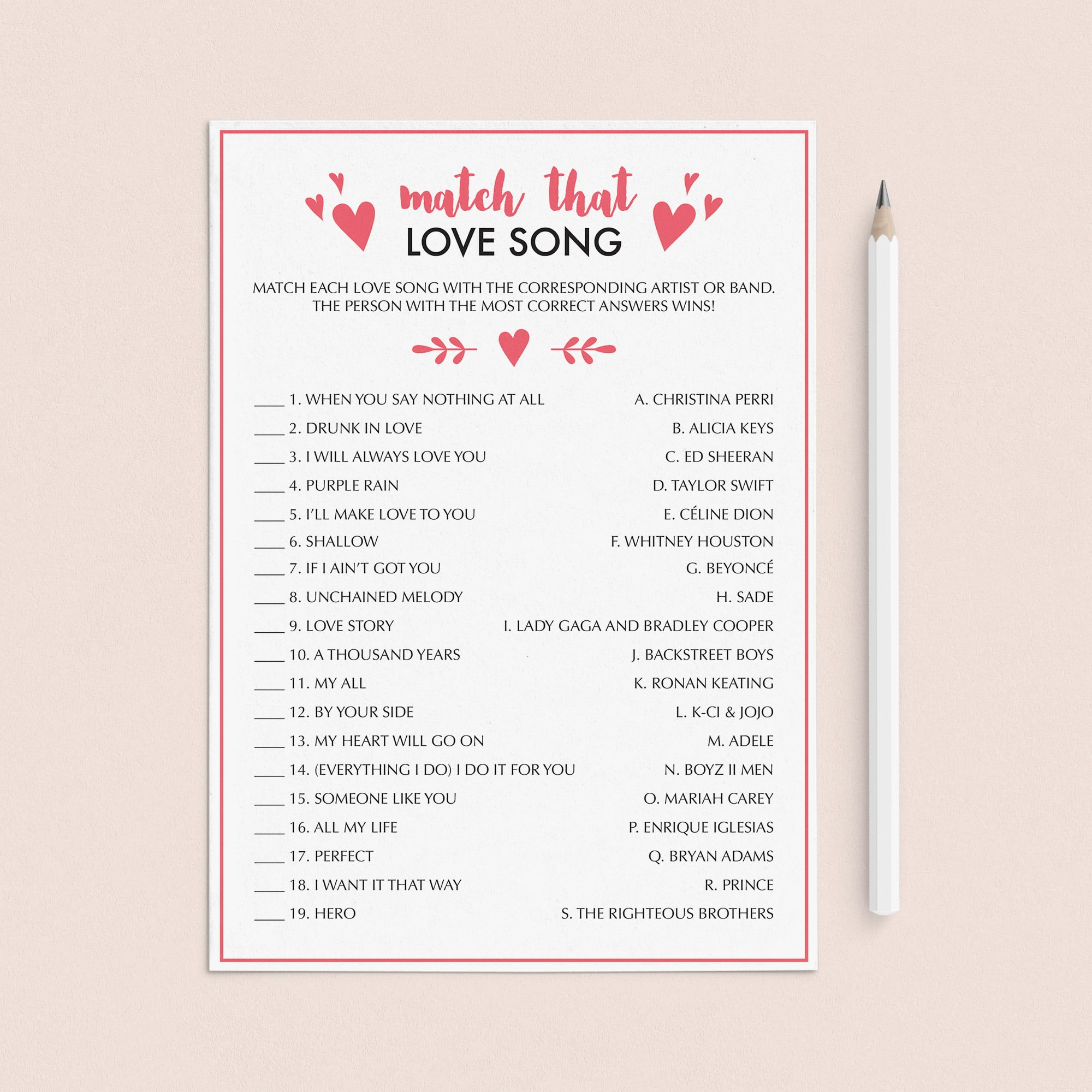 Printable & Virtual Match That Love Song Game Download by LittleSizzle