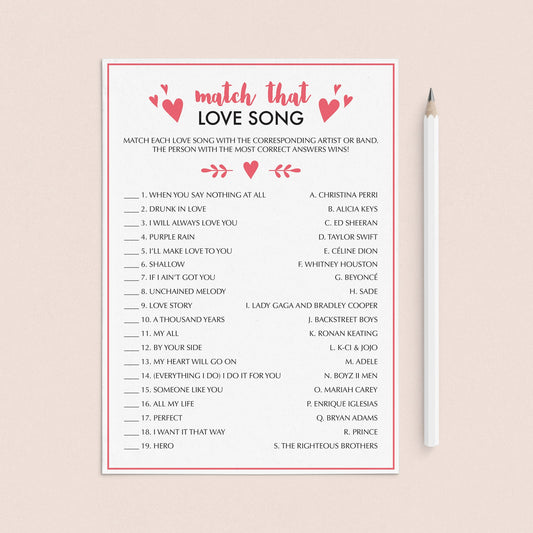 Printable & Virtual Match That Love Song Game Download by LittleSizzle