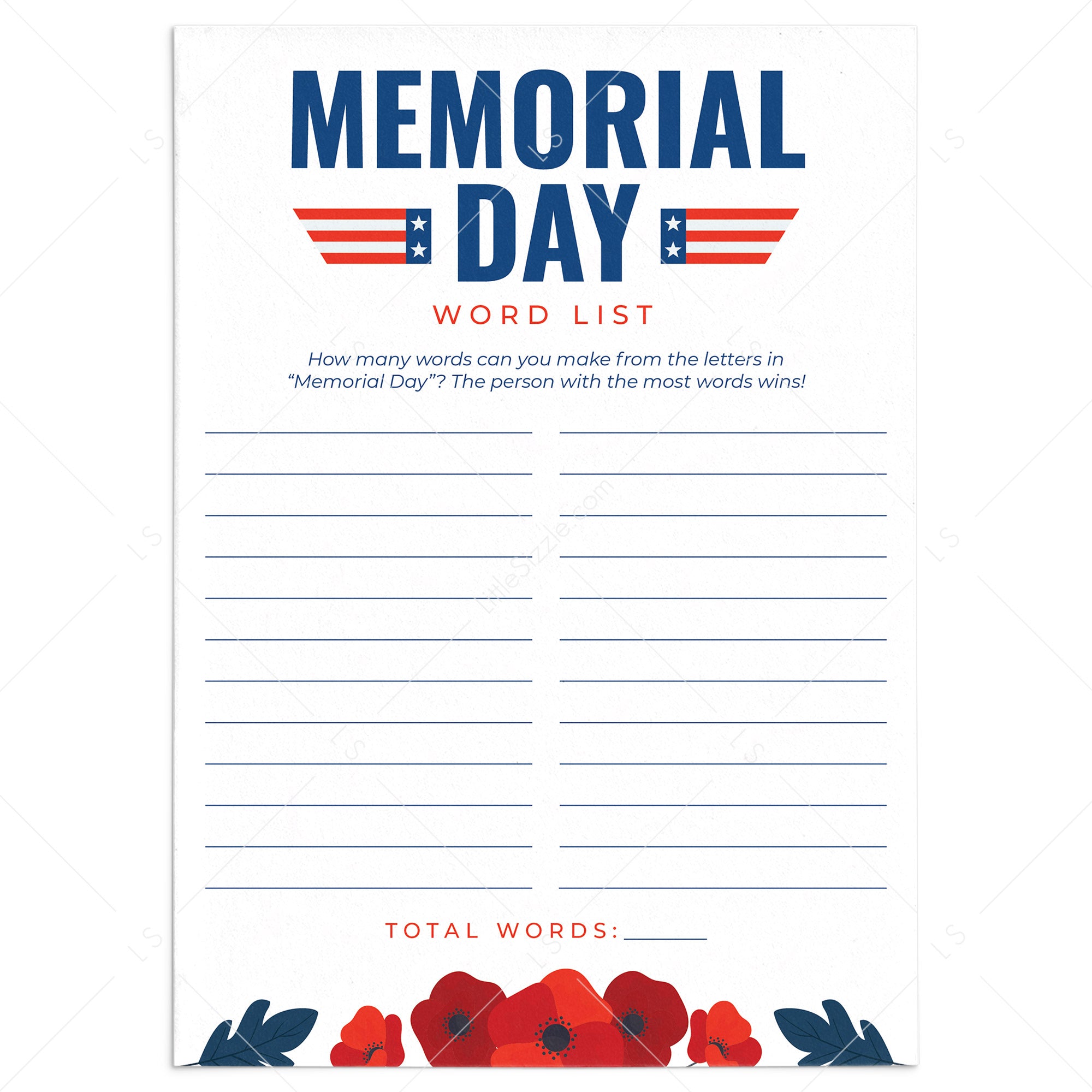 Printable Memorial Day Worksheet by LittleSizzle