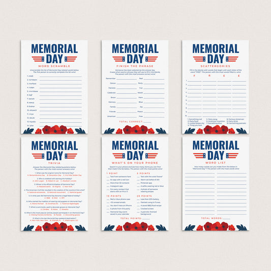 Printable Memorial Day Game Bundle with Red Poppies by LittleSizzle