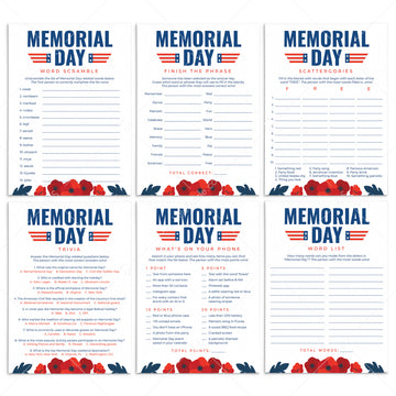 Printable Memorial Day Game Bundle with Red Poppies by LittleSizzle