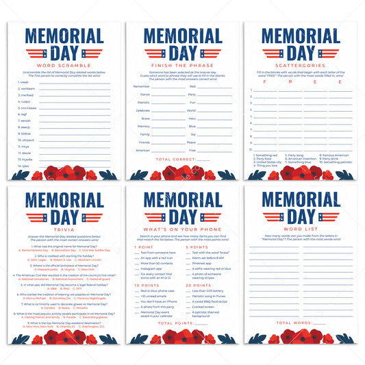 Printable Memorial Day Game Bundle with Red Poppies by LittleSizzle