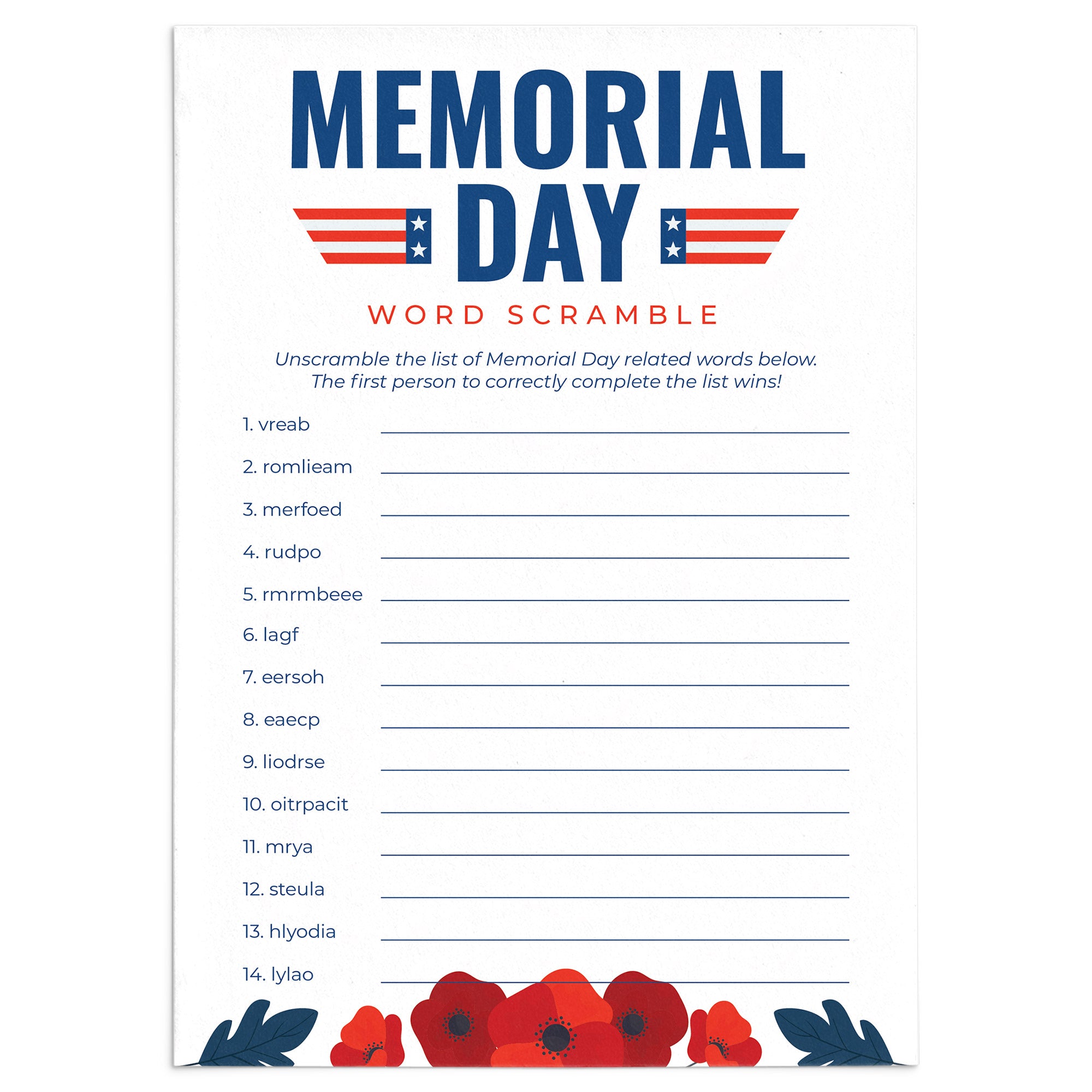 Printable Memorial Day Word Scramble with Answer Key by LittleSizzle