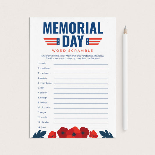 Printable Memorial Day Word Scramble with Answer Key by LittleSizzle