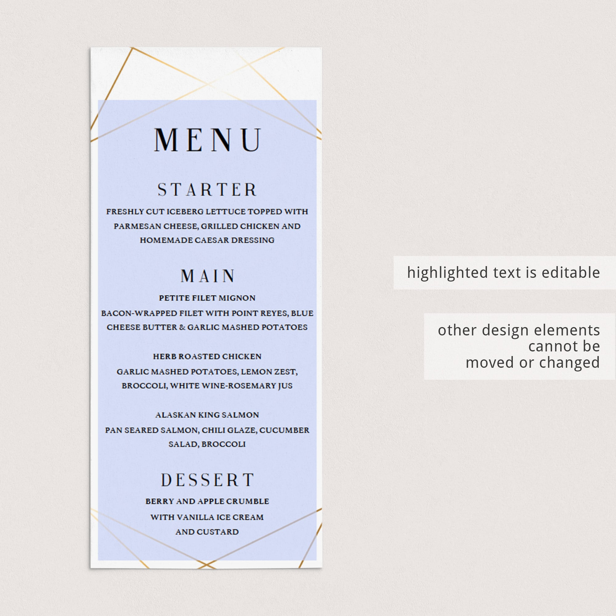 Editable menu card for modern dinner party instant download by LittleSizzle