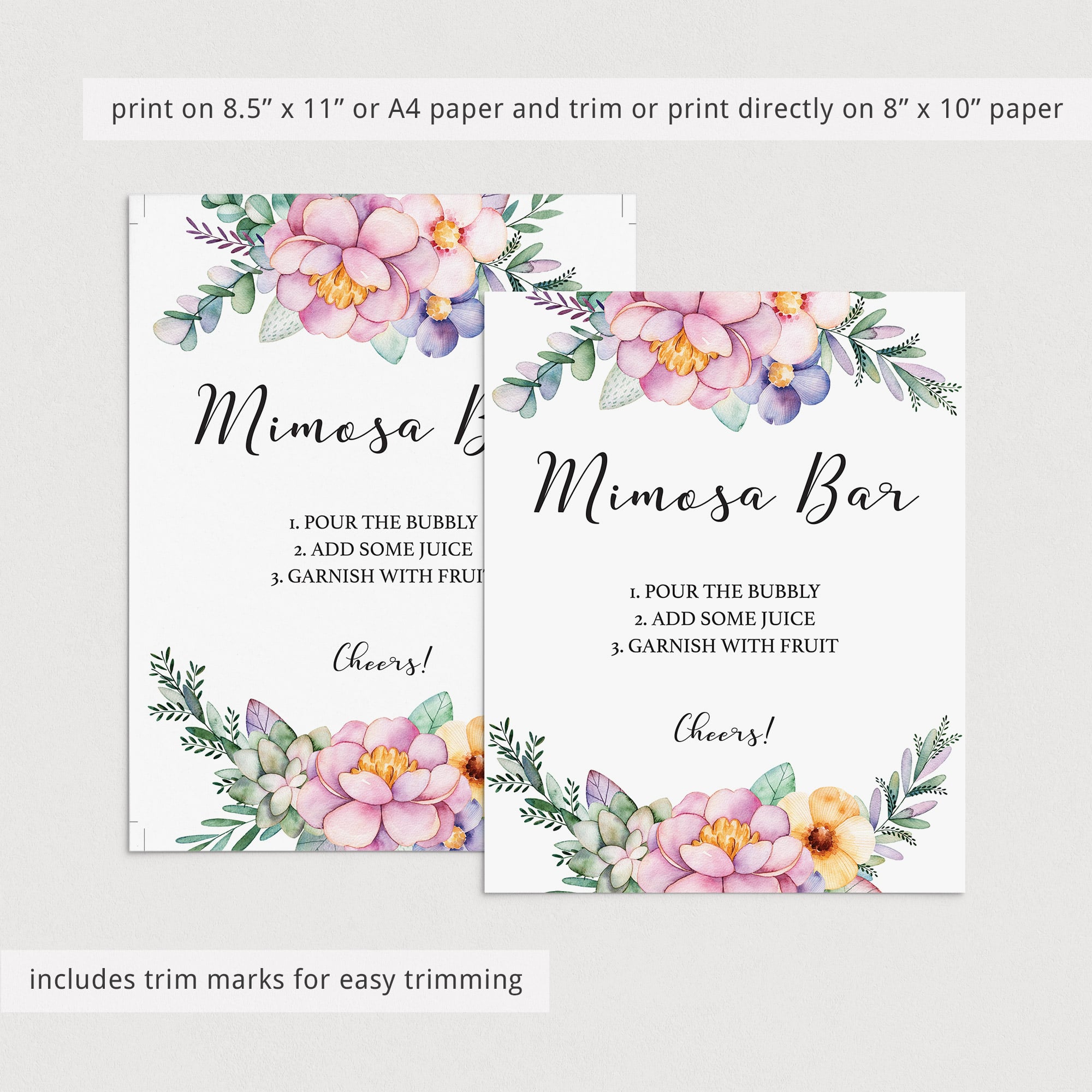 Printable mimosa sign with watercolor pink flower by LittleSizzle