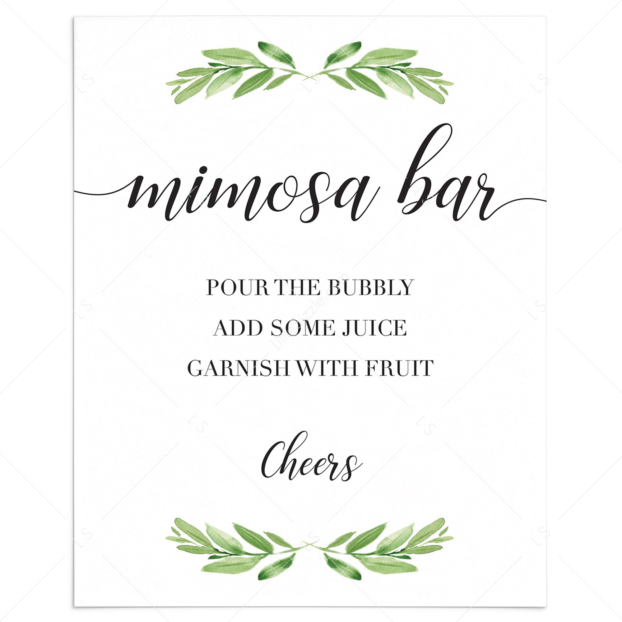 Printable mimosa bar table sign for greenery themed event by LittleSizzle