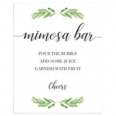 Printable mimosa bar table sign for greenery themed event by LittleSizzle