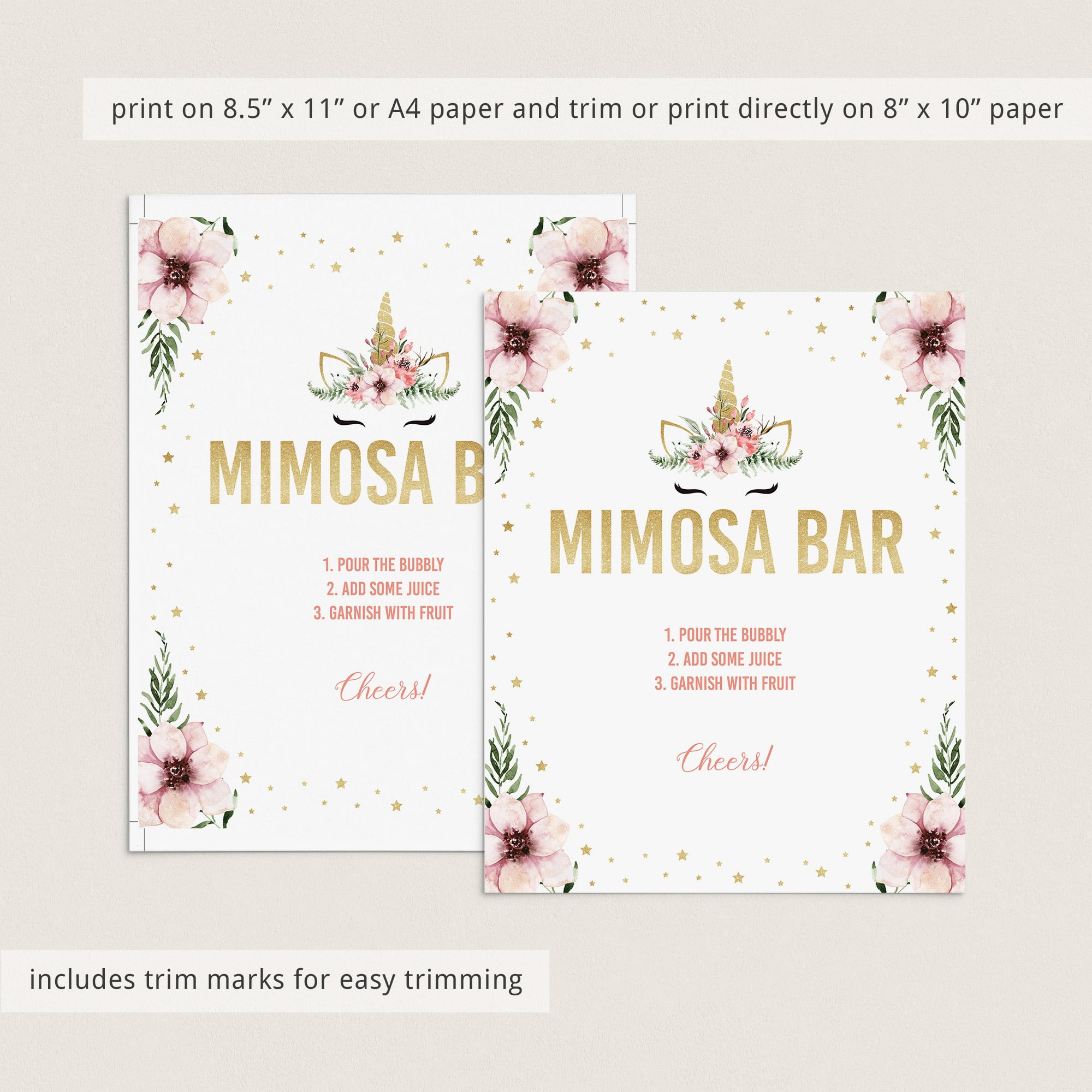 Instant download mimosa bar table sign gold and pink flowers by LittleSizzle