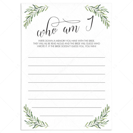 Botanical Wedding Shower Game Who Am I Instant Download by LittleSizzle
