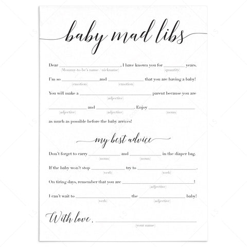 Calligraphy baby shower game Baby Mad Libs printable | Instant download ...