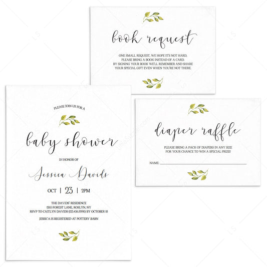 White and Green Baby Shower Invitation Suite Instant Download by LittleSizzle