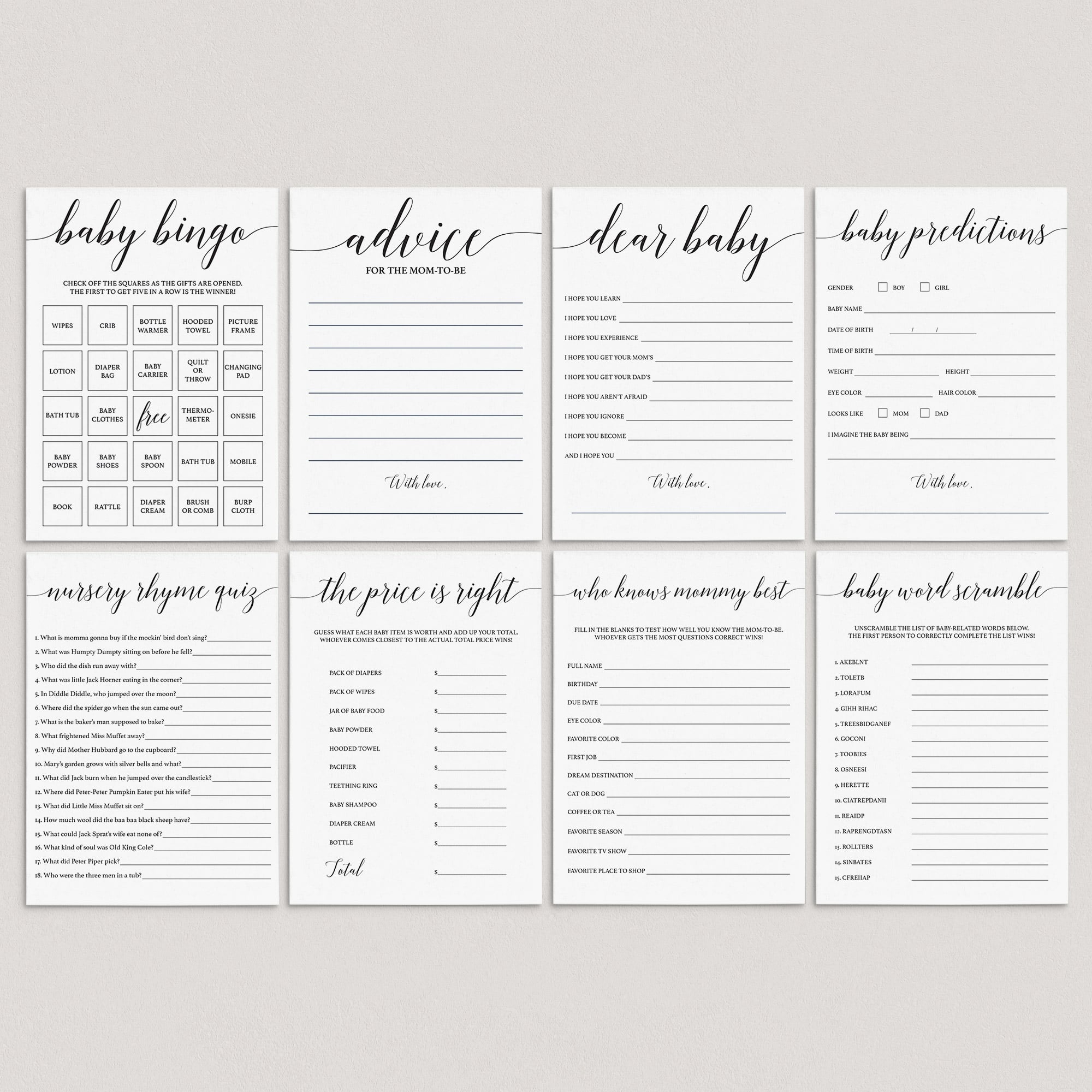 Printable Baby Shower Games Pack with Calligraphy Font by LittleSizzle