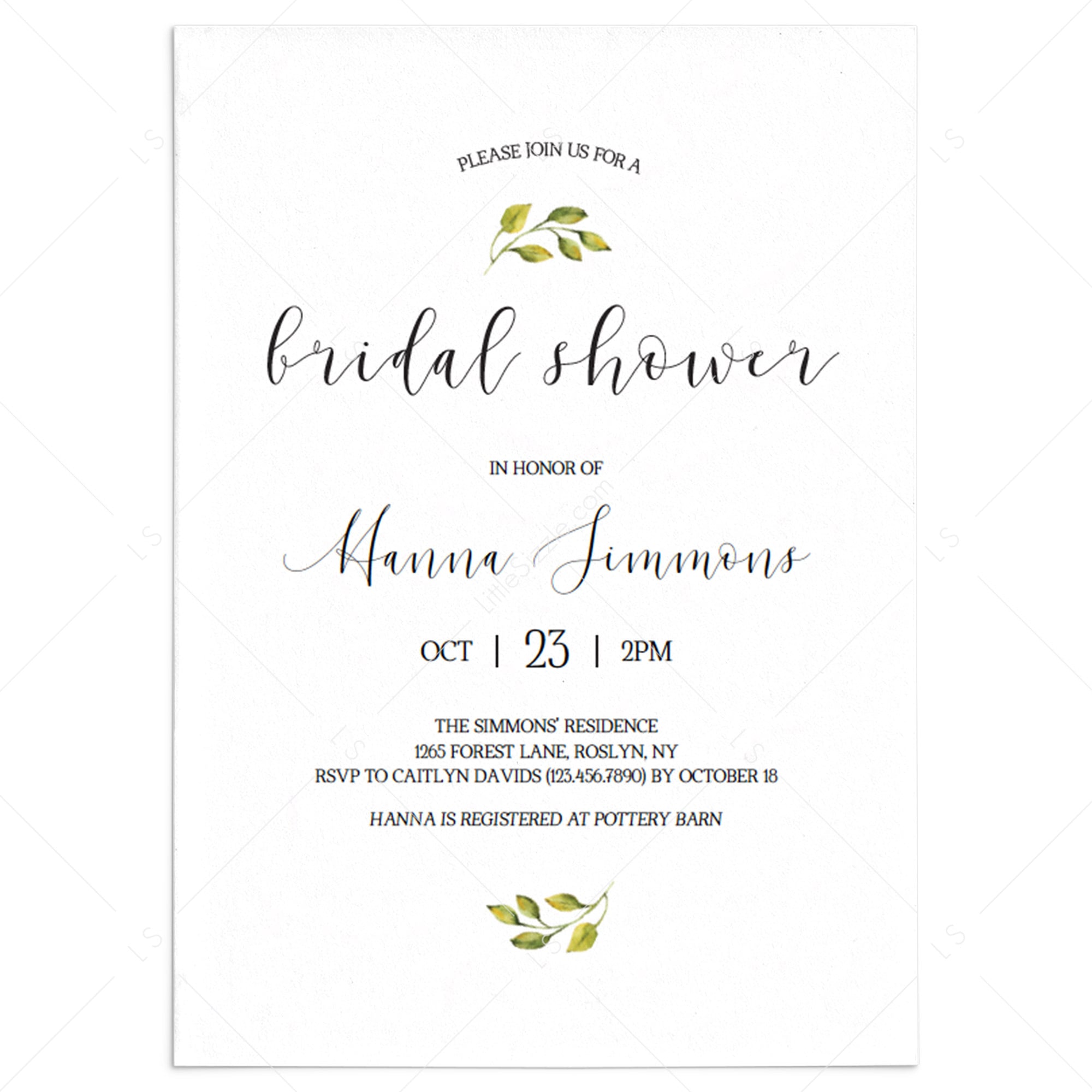 Minimal Bridal Shower Invitation Template White and Green by LittleSizzle