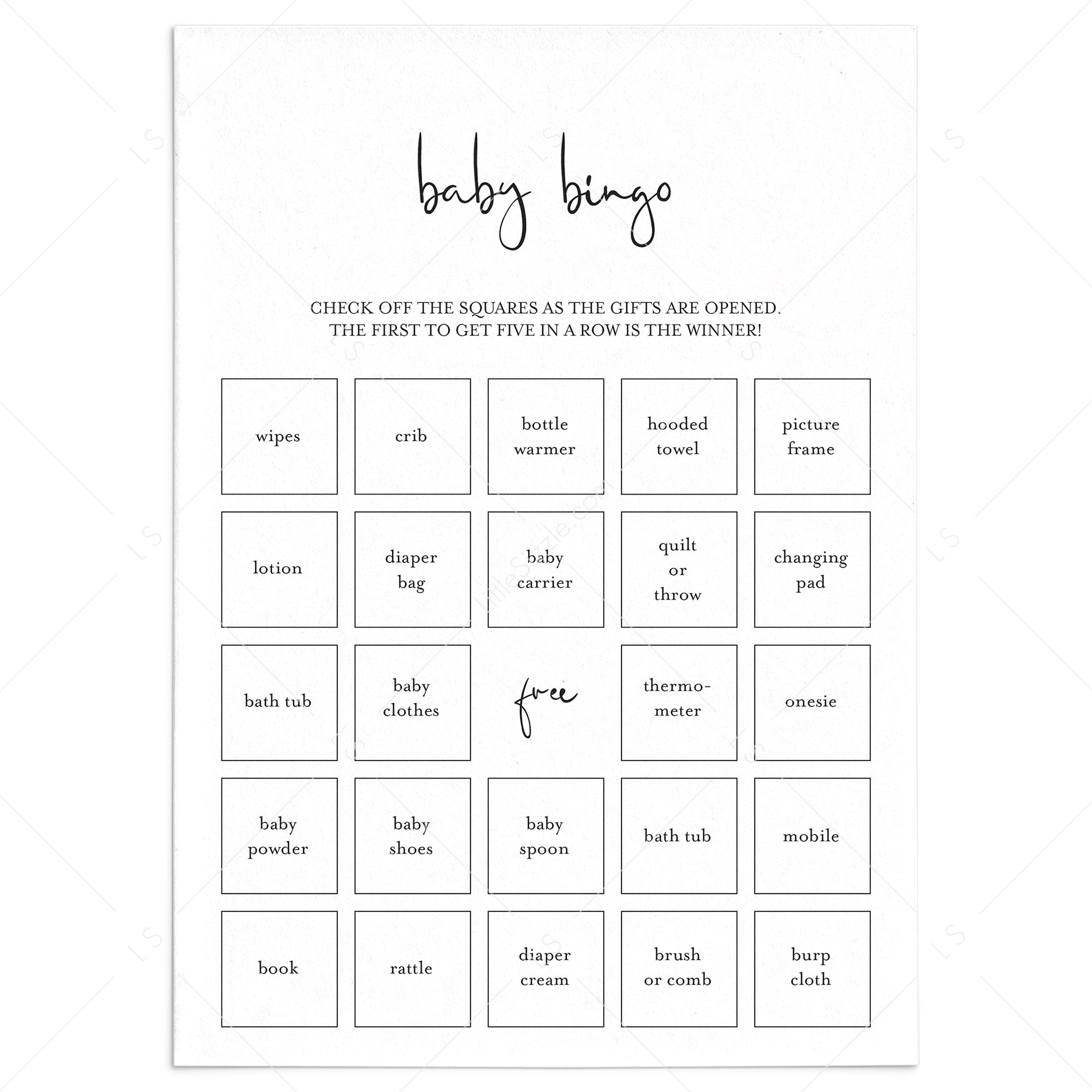 Minimalist Baby Bingo Pre Filled And Blank Cards Printable by LittleSizzle