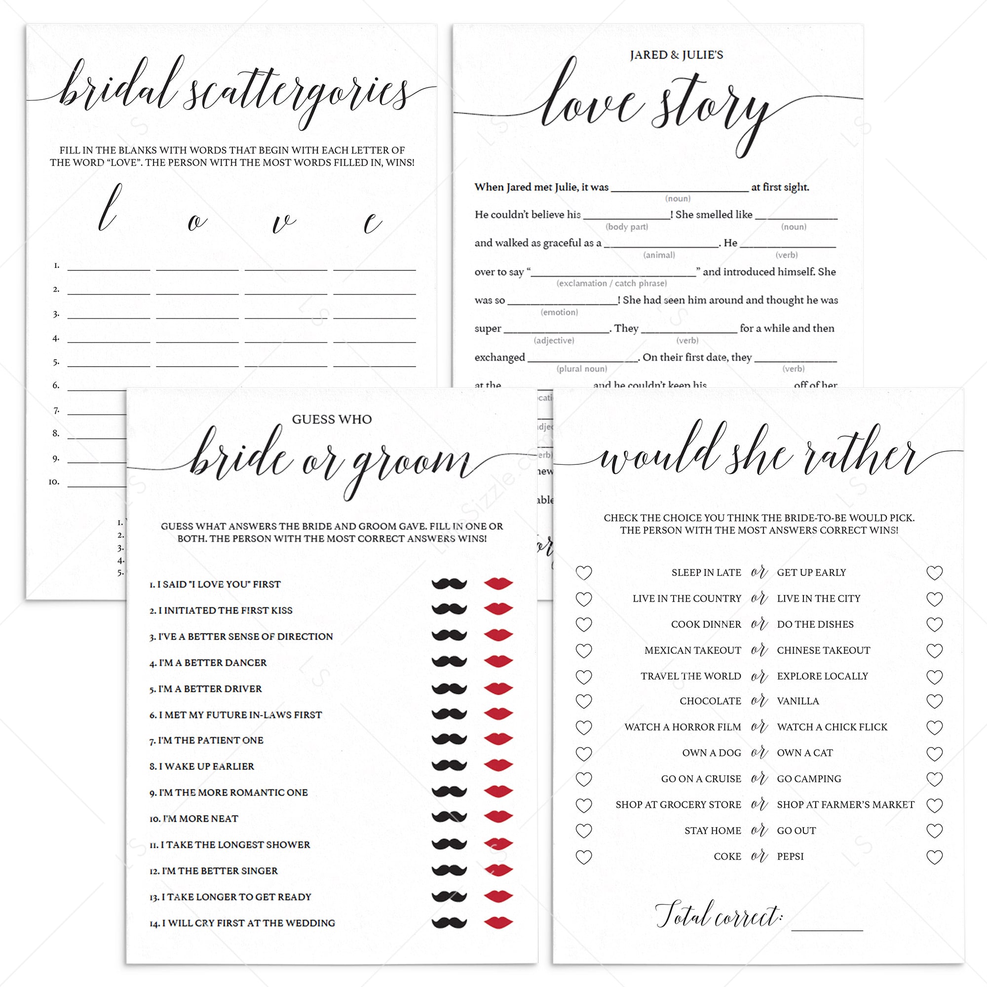 Calligraphy Bridal Shower Games Package Instant Download