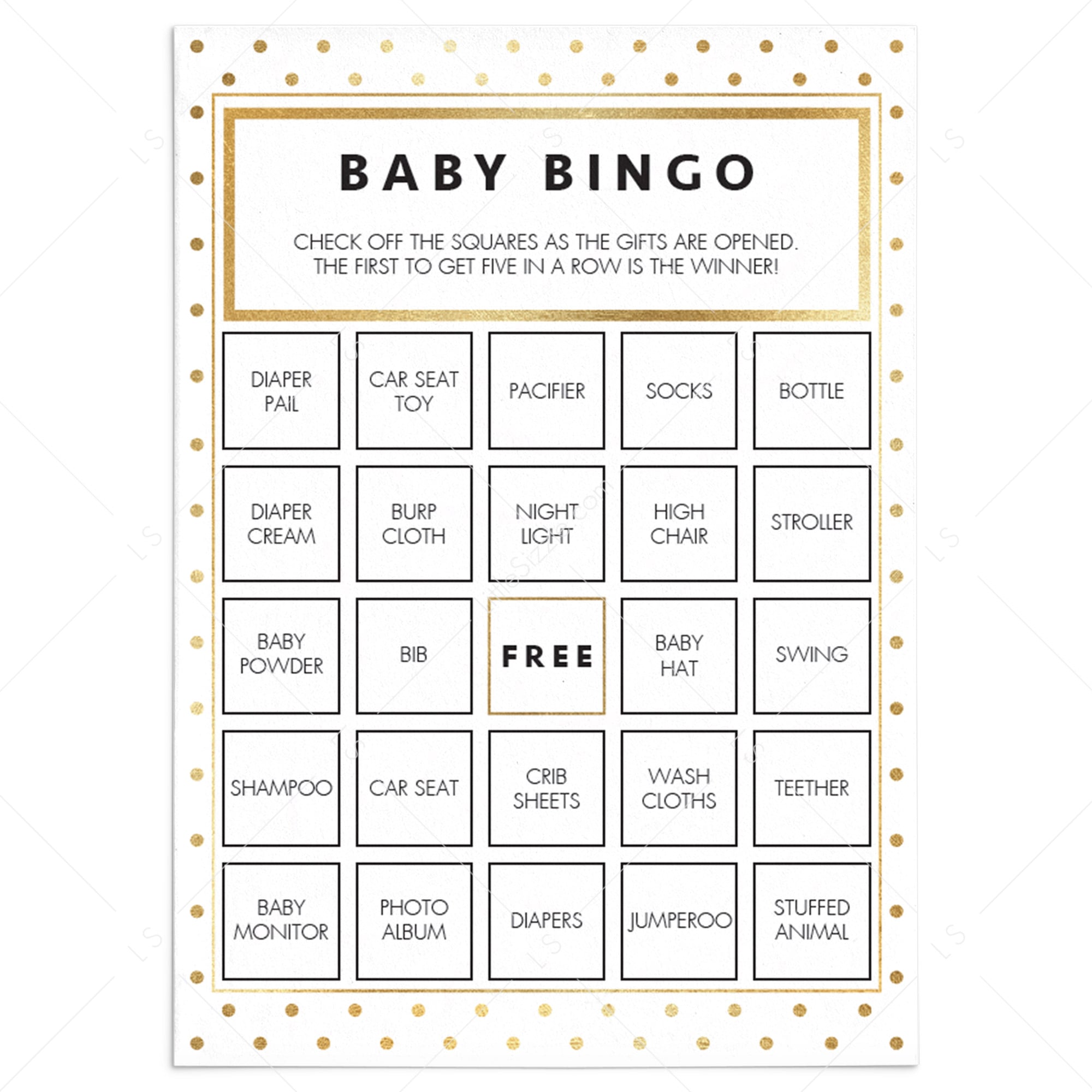 Gold glitter printable baby bingo cards by LittleSizzle