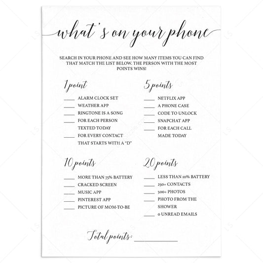 Calligraphy baby shower game what's on your phone by LittleSizzle