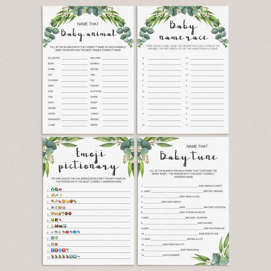 Green eucalyptus printable baby shower games by LittleSizzle