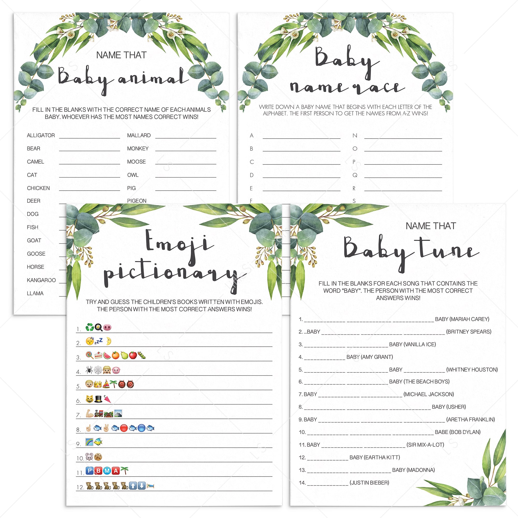 Green eucalyptus printable baby shower games by LittleSizzle