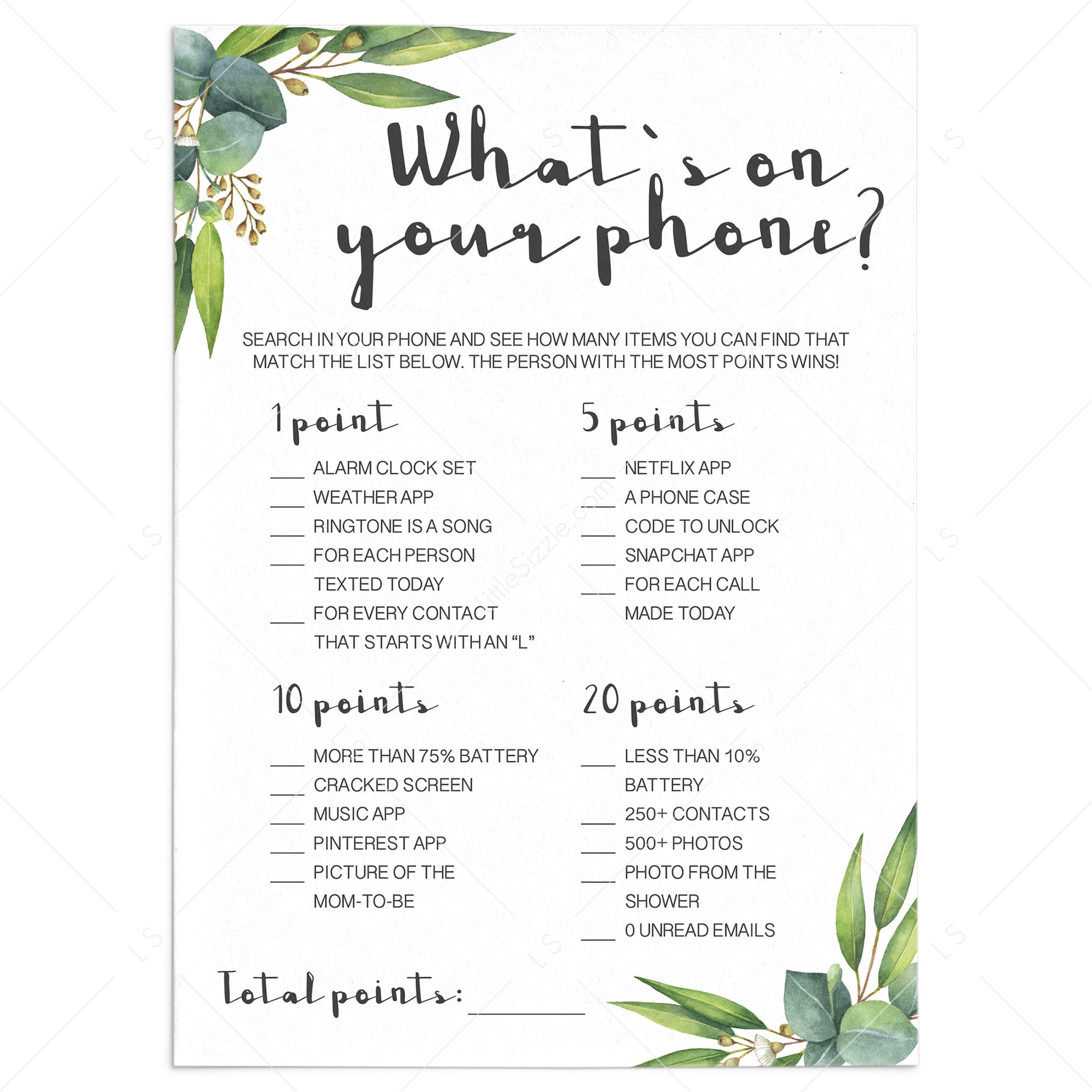 Greenery baby shower phone game printable by LittleSizzle