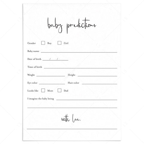 Minimalist Baby Predictions Card Printable | Modern Baby Shower Games ...