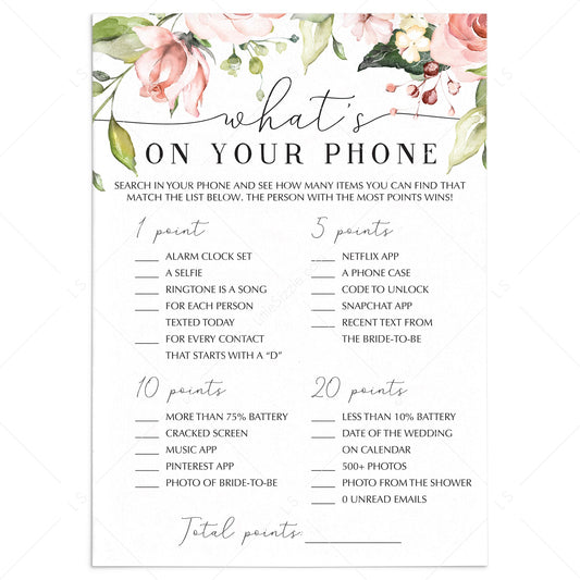Blush Roses What's On Your Phone Bridal Shower Game Printable by LittleSizzle