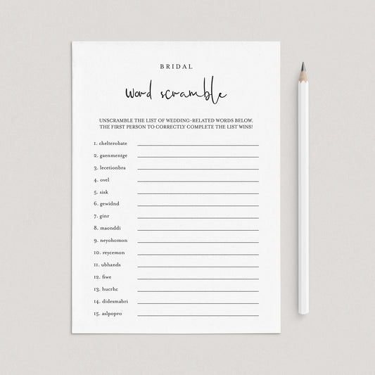 Minimalist Bridal Word Scramble Game With Answers Printable by LittleSizzle