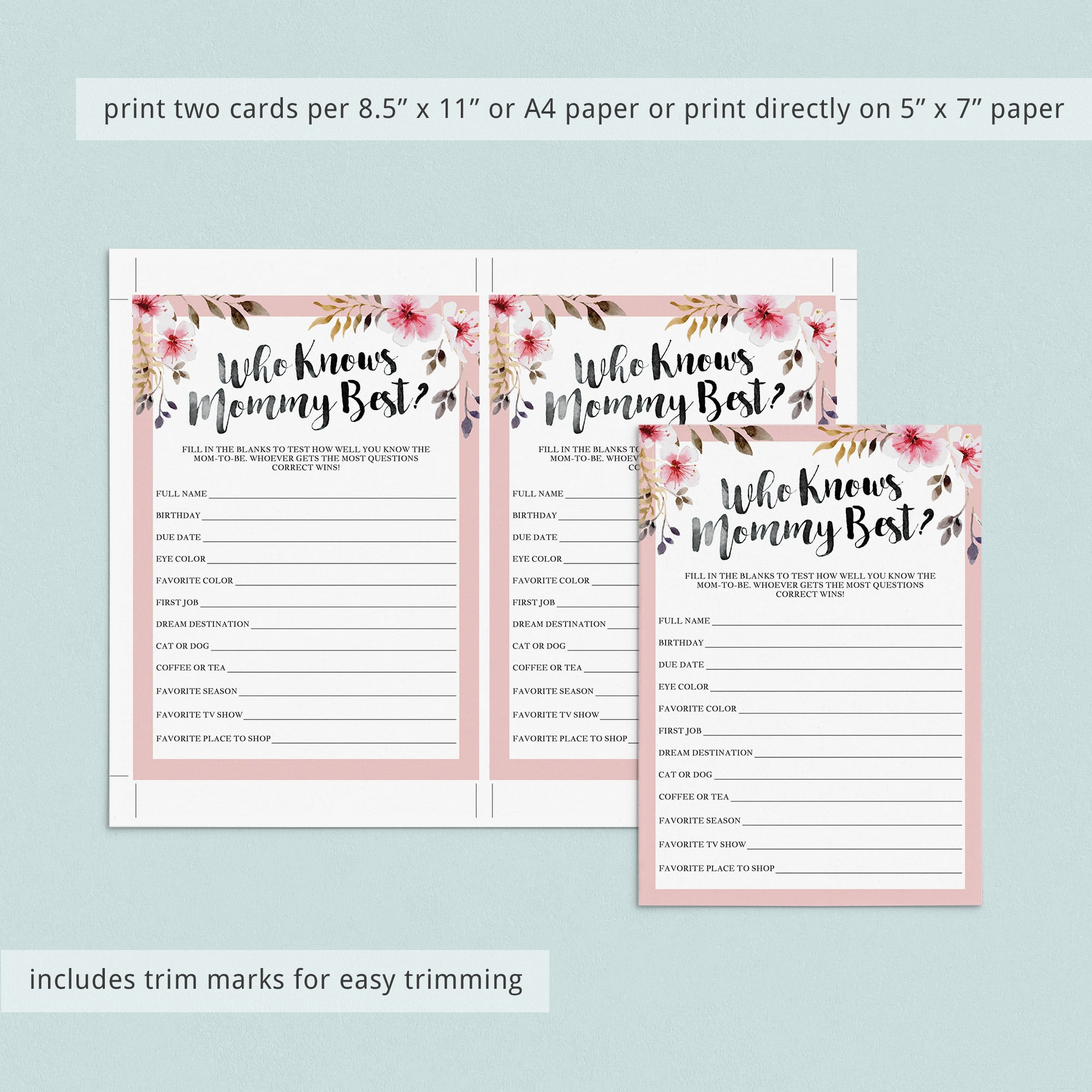 Floral watercolor pink and black baby shower game who knows mommy best by LittleSizzle