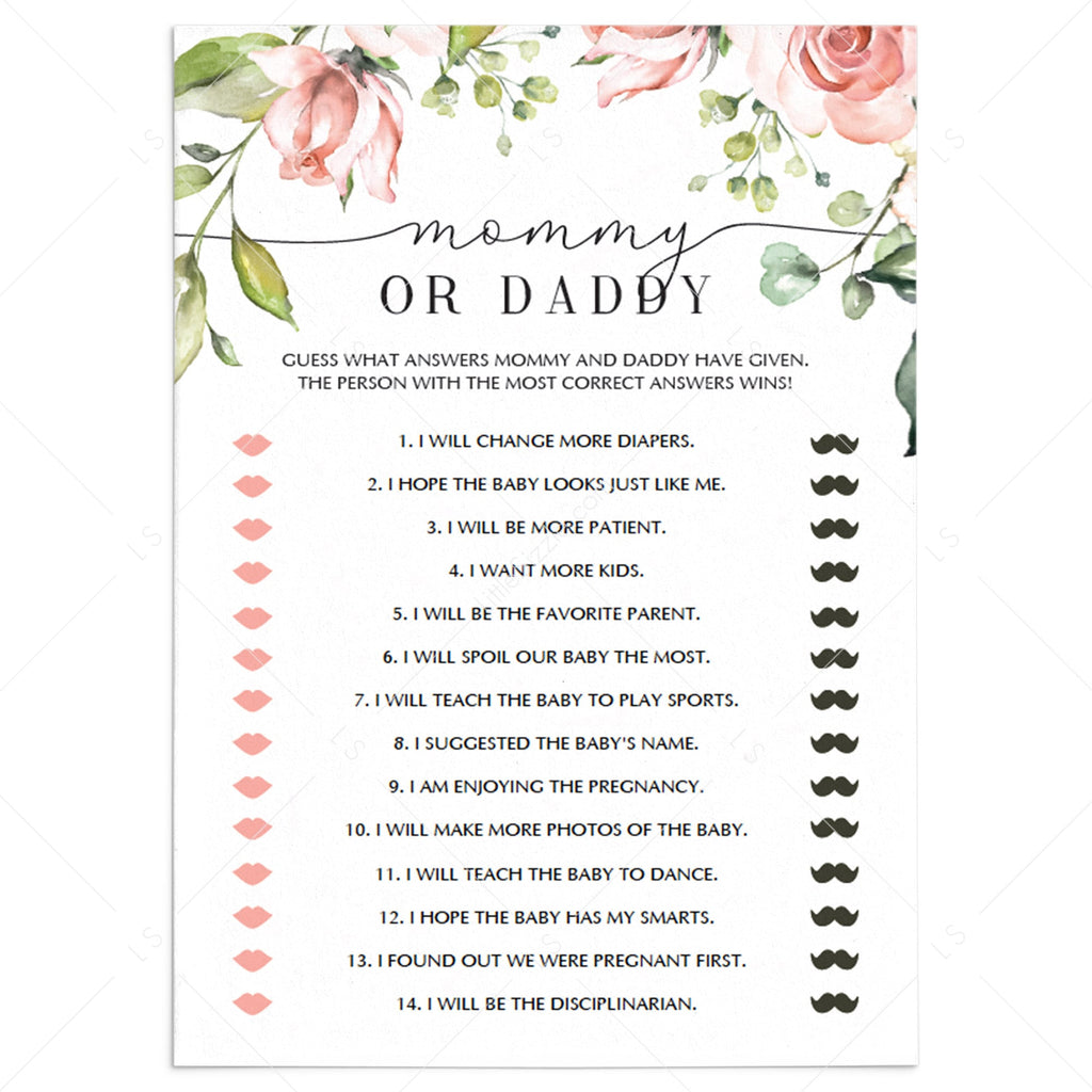 Floral Mommy Daddy baby shower game printable | Instant download ...