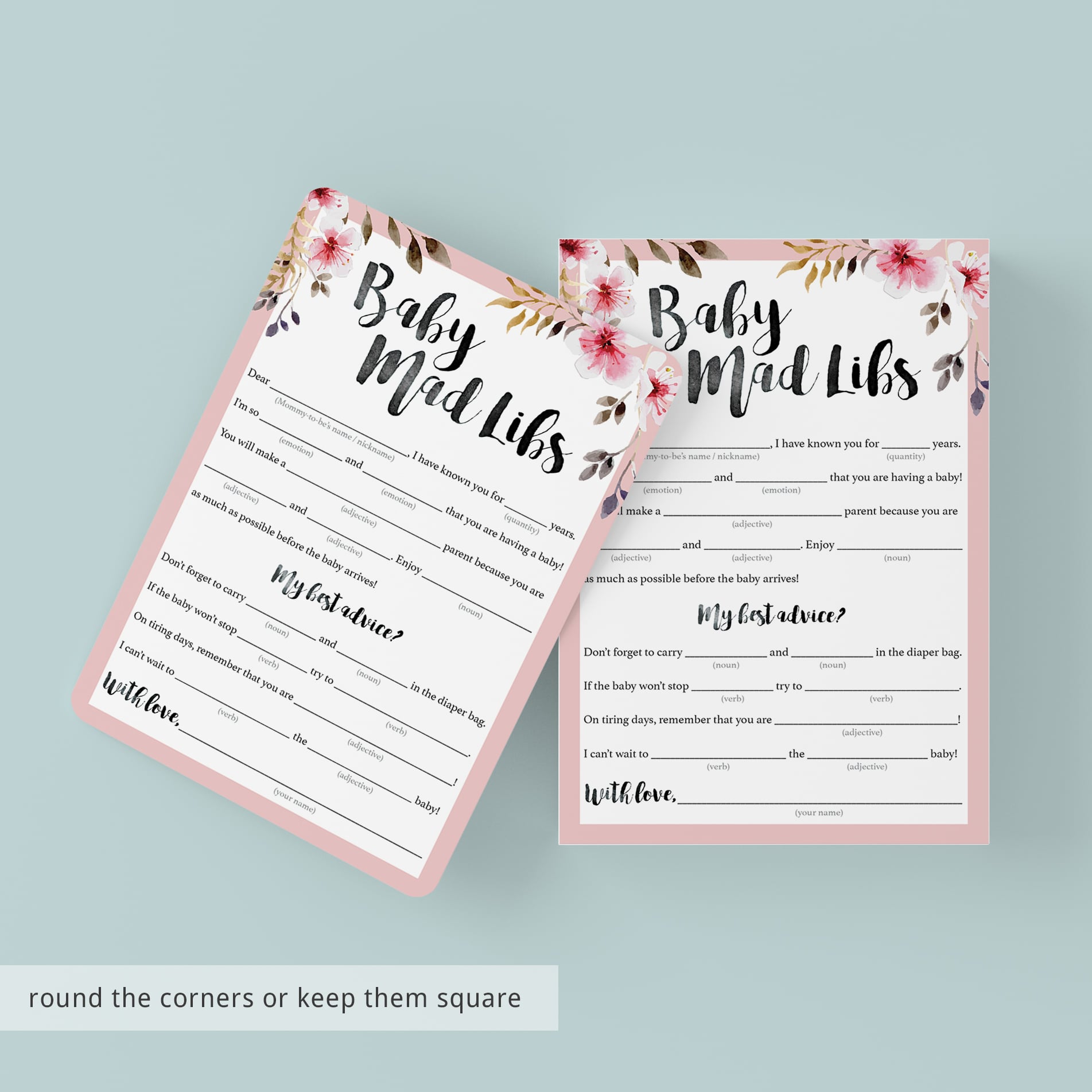 Baby madlibs shower game printable pink flowers by LittleSizzle