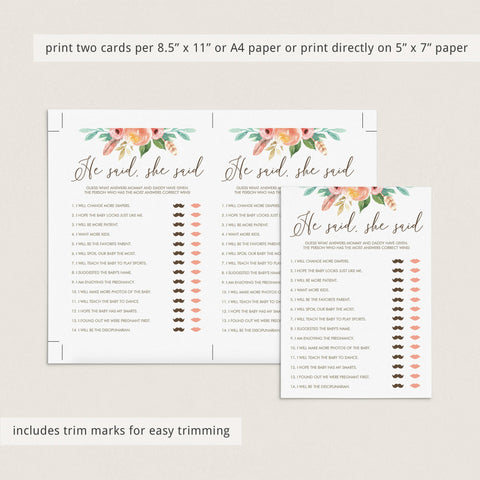 Printable He Said She Said game for baby shower | Instant download ...