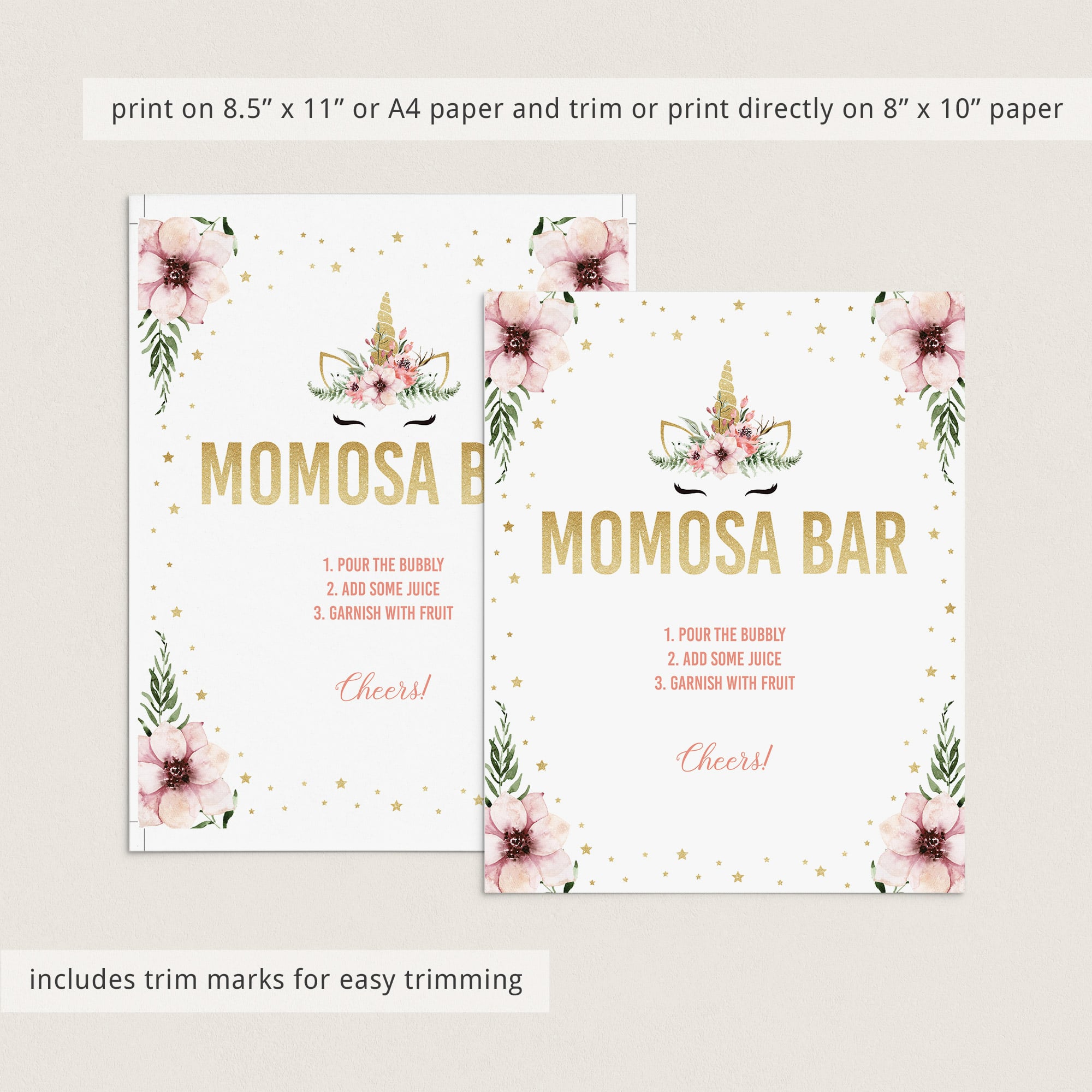 Gold unicorn momosa sign instant download by LittleSizzle