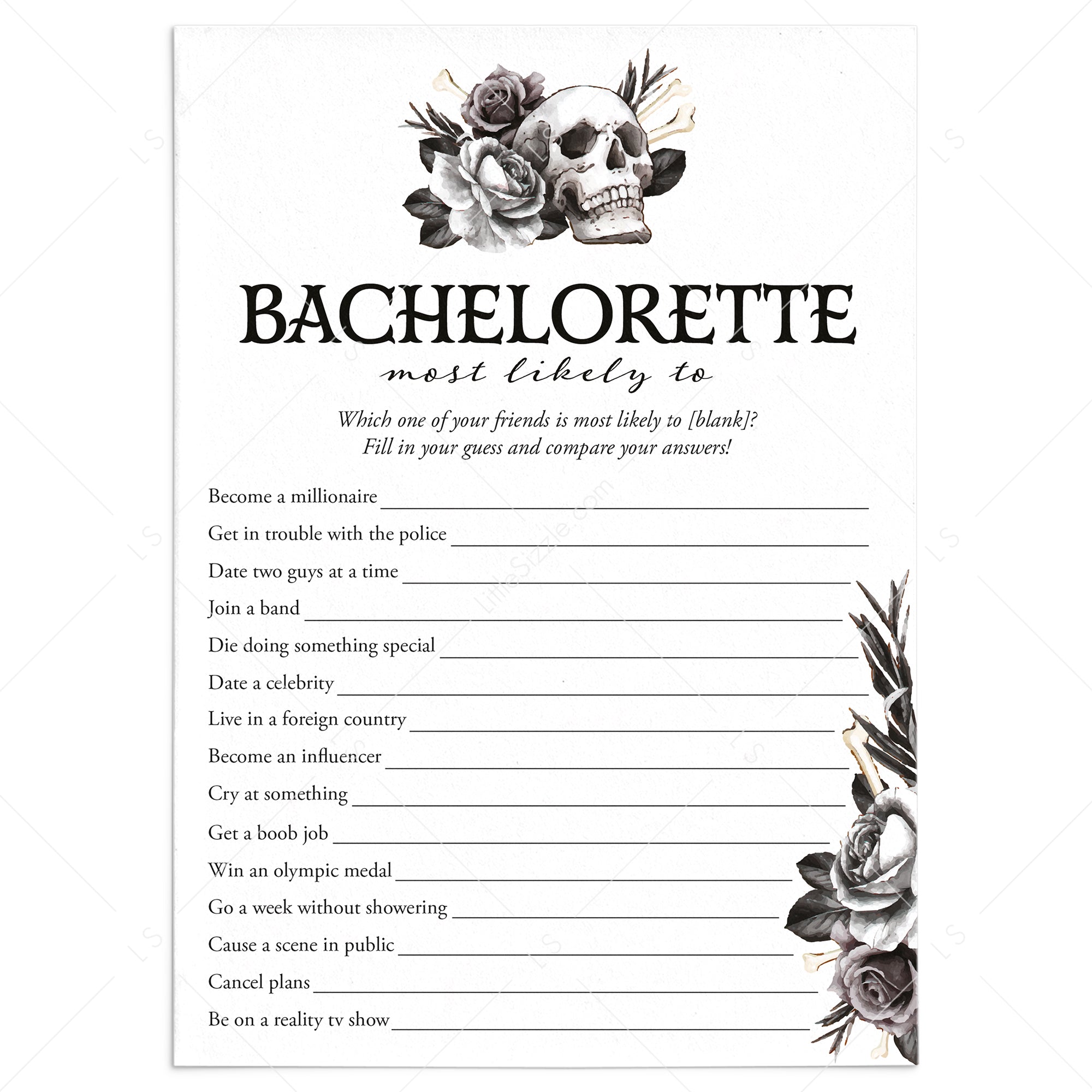 Gothic Bachelorette Party Game Who Is Most Likely To Printable by LittleSizzle