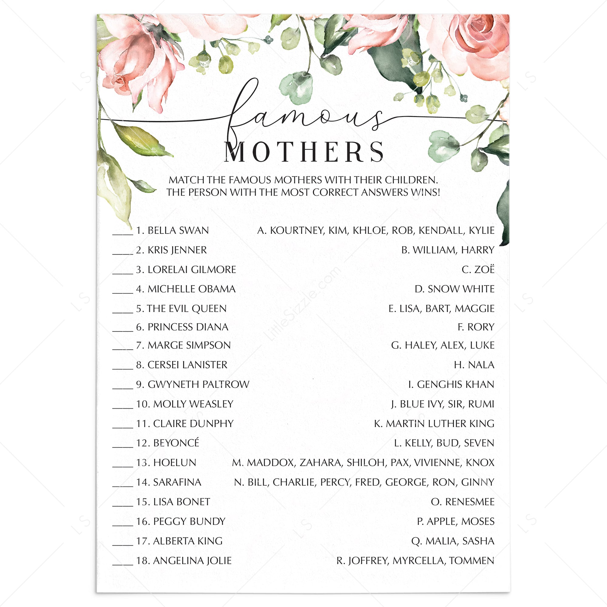 (Zoom) Mother's Day Game Famous Mothers Instant Download by LittleSizzle