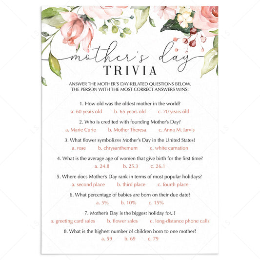 Mother's Day Trivia Game Printable & Fillable PDF by LittleSizzle