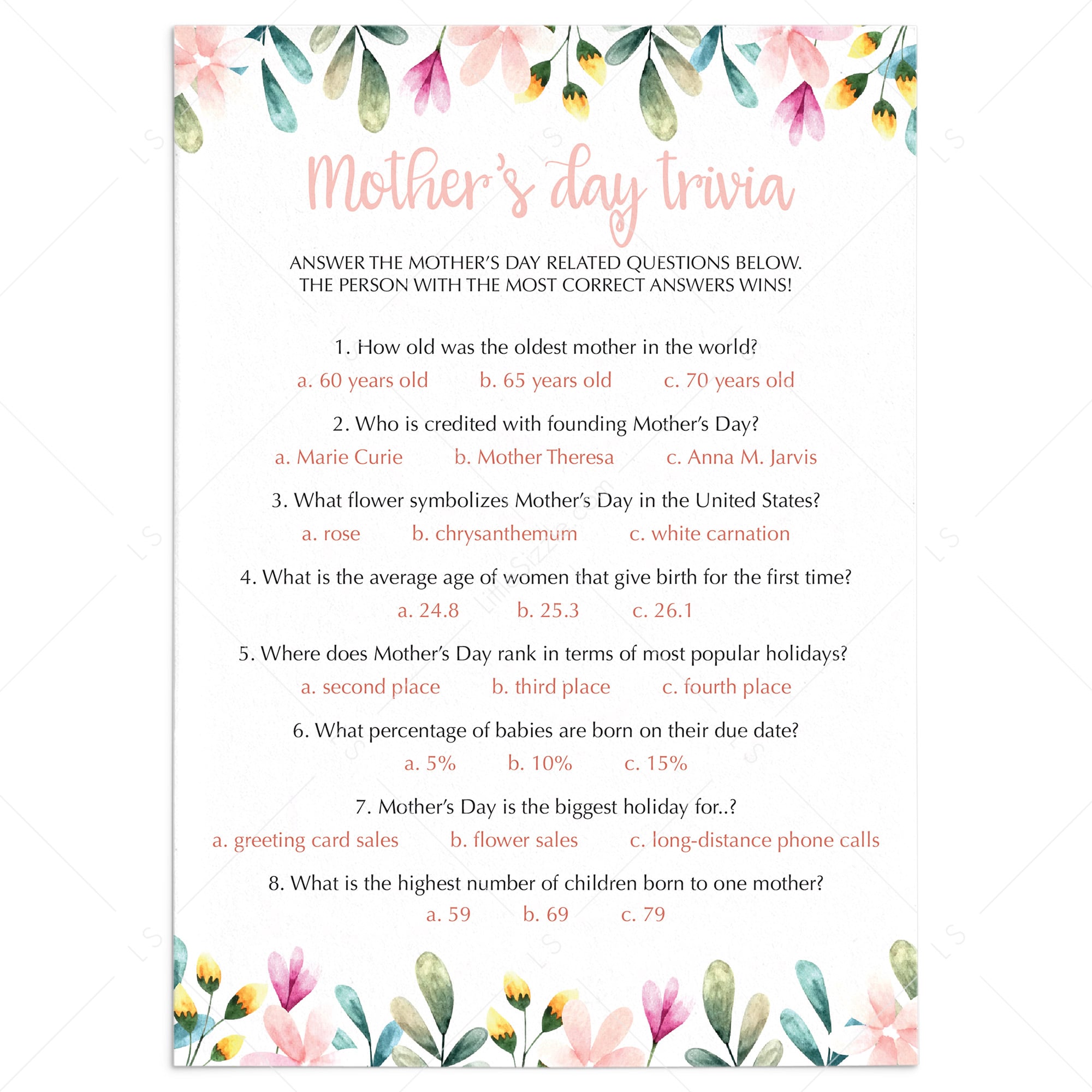 (Virtual) Mother's Day Quiz Instant Download by LittleSizzle