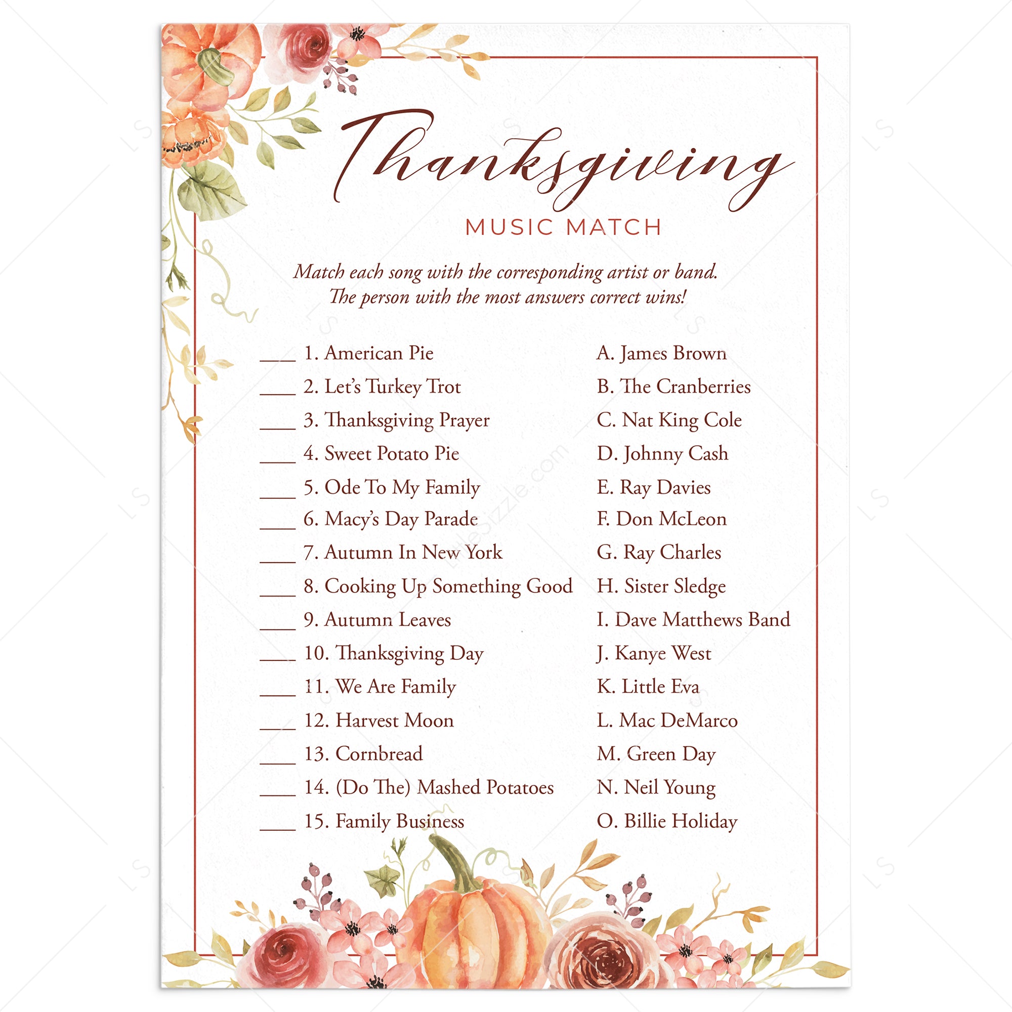 Thanksgiving Music Matching Game with Answers Printable by LittleSizzle