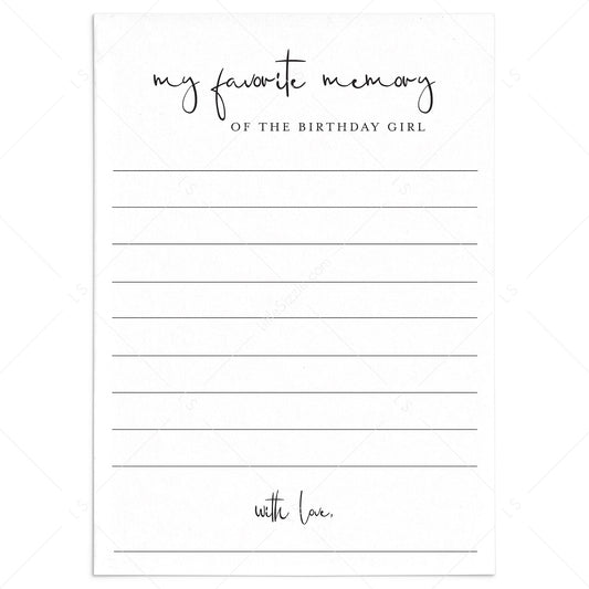 My Favorite Memory of the Birthday Girl Cards Printable by LittleSizzle