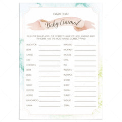 Name the baby animal baby shower game printable by LittleSizzle