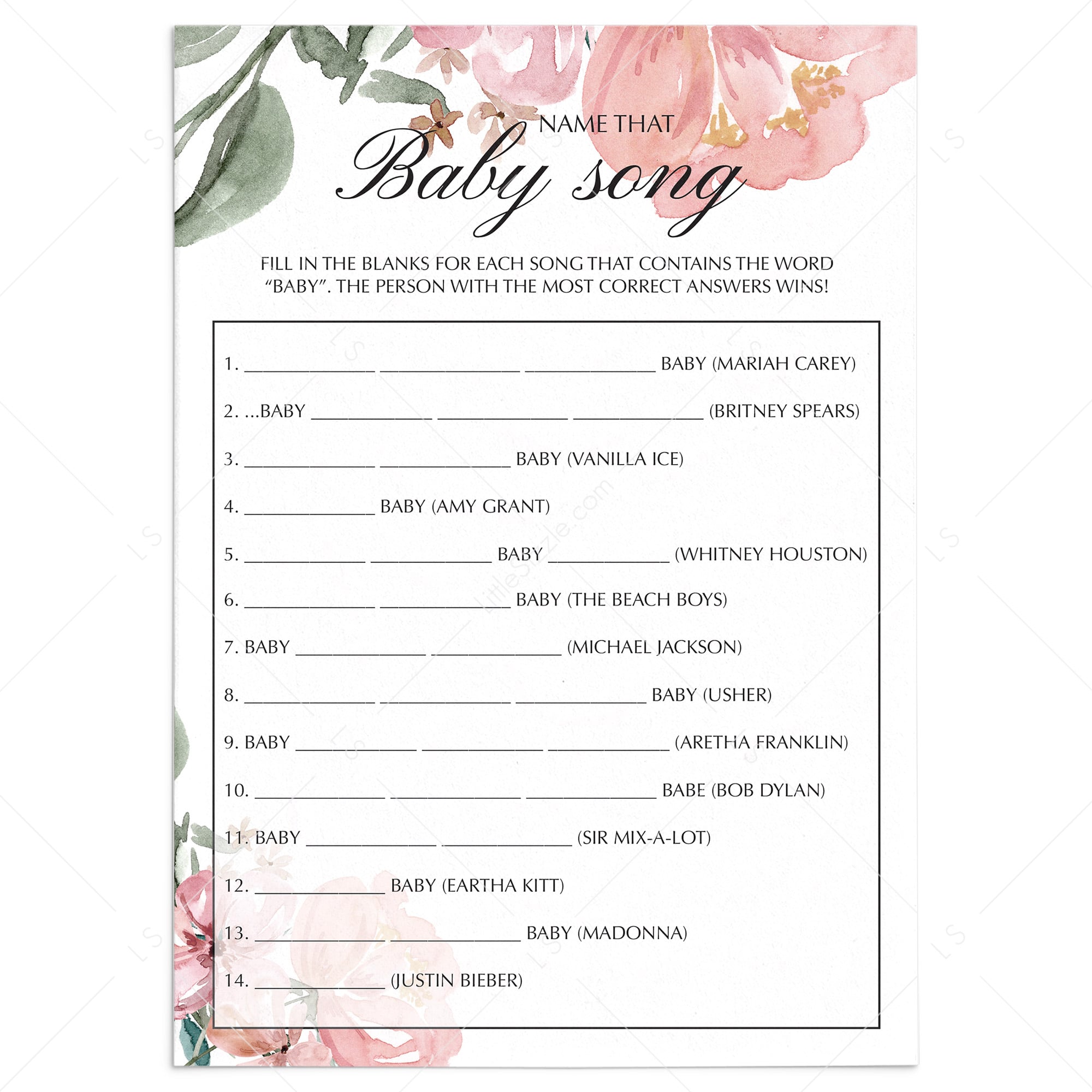 Floral Baby Shower Baby Song Game Printable by LittleSizzle