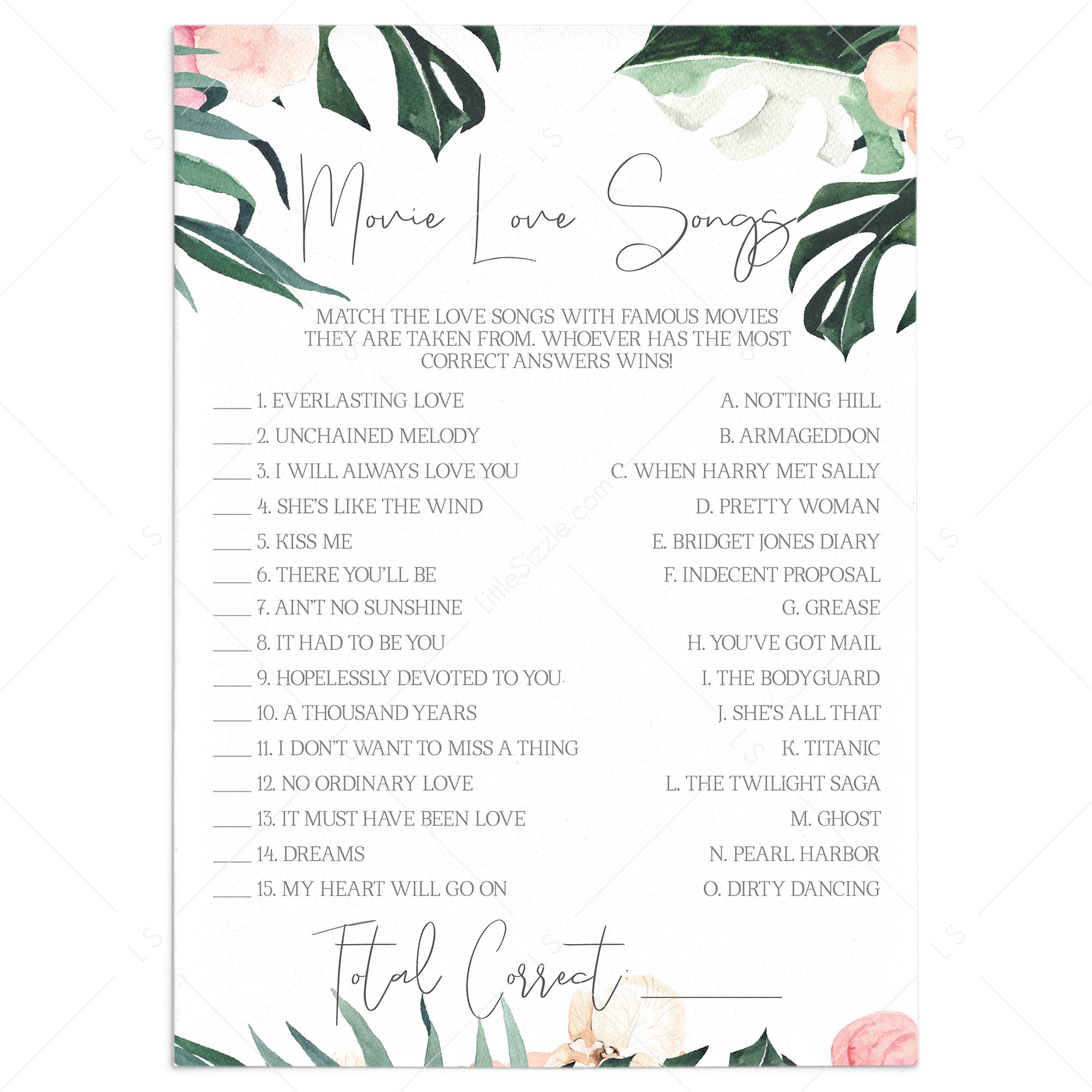 Summer Bridal Shower Love Song Match Game Printable by LittleSizzle