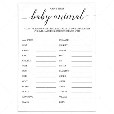 Name That Baby Animal baby shower game with calligraphy font | Instant ...