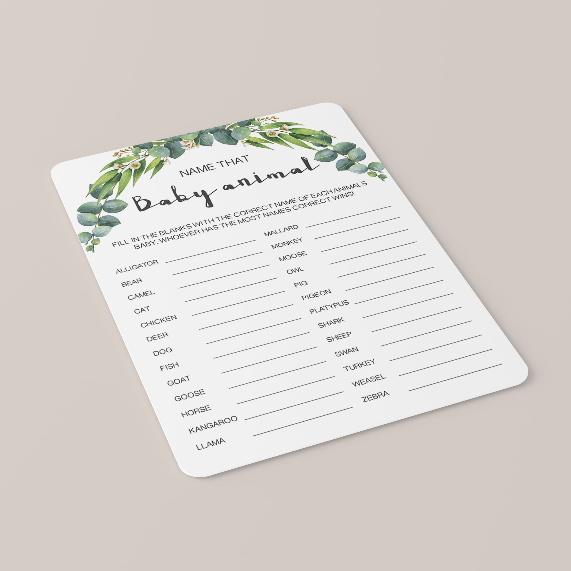 Greenery baby animals game card printable by LittleSizzle