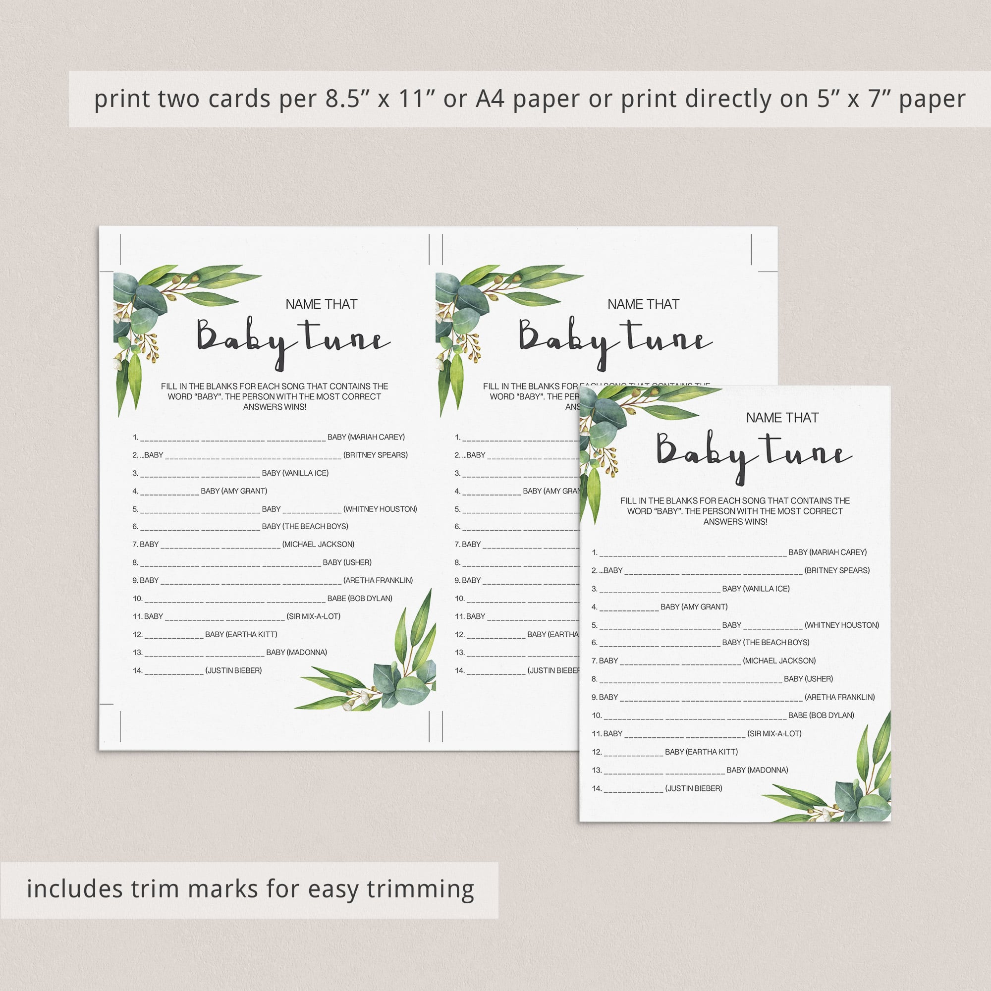 Name that baby tune baby shower game with green leaves by LittleSizzle
